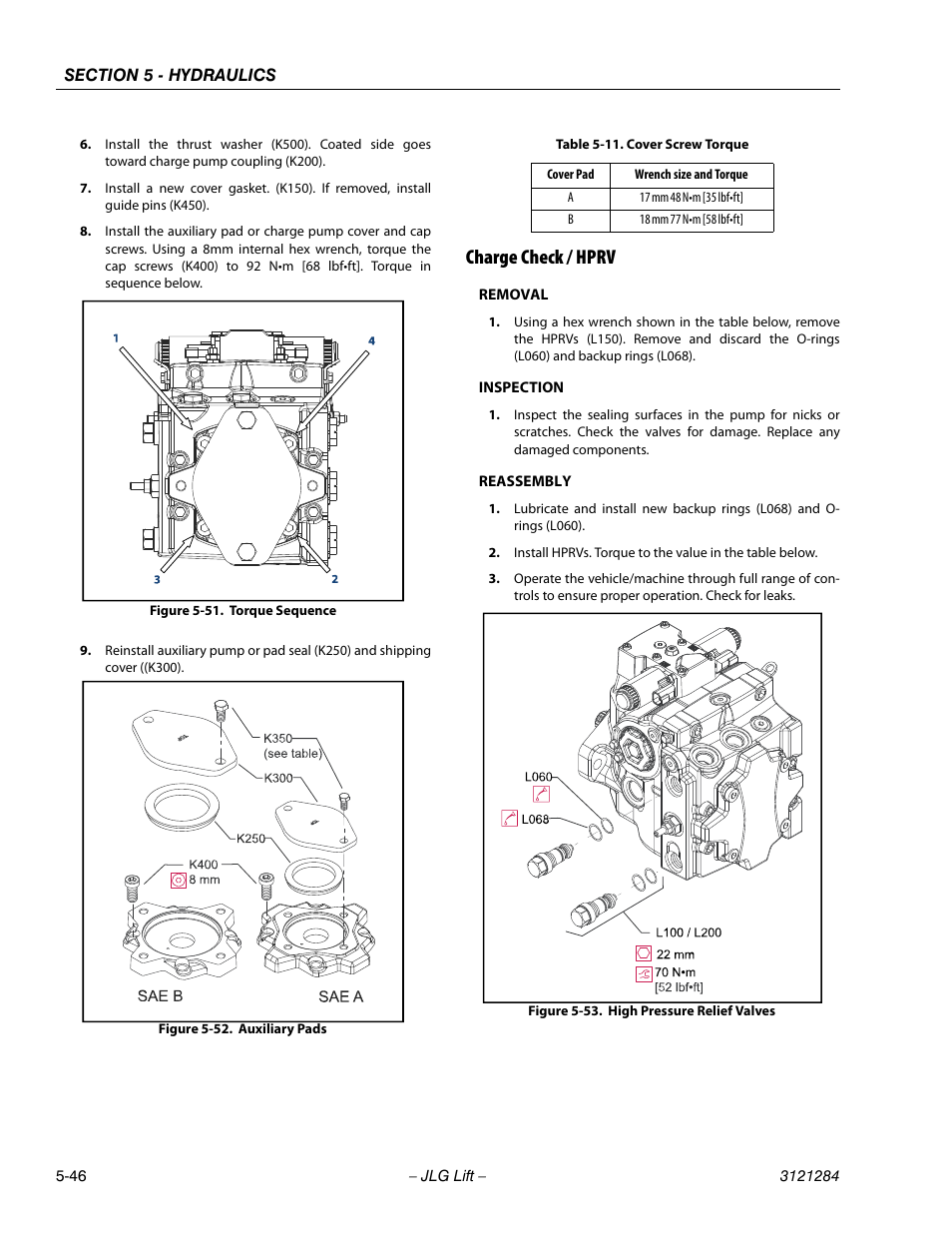 Charge check / hprv, Charge check / hprv -46, Torque sequence -46 | Auxiliary pads -46, High pressure relief valves -46, Cover screw torque -46 | JLG 18RS Service Manual User Manual | Page 136 / 230