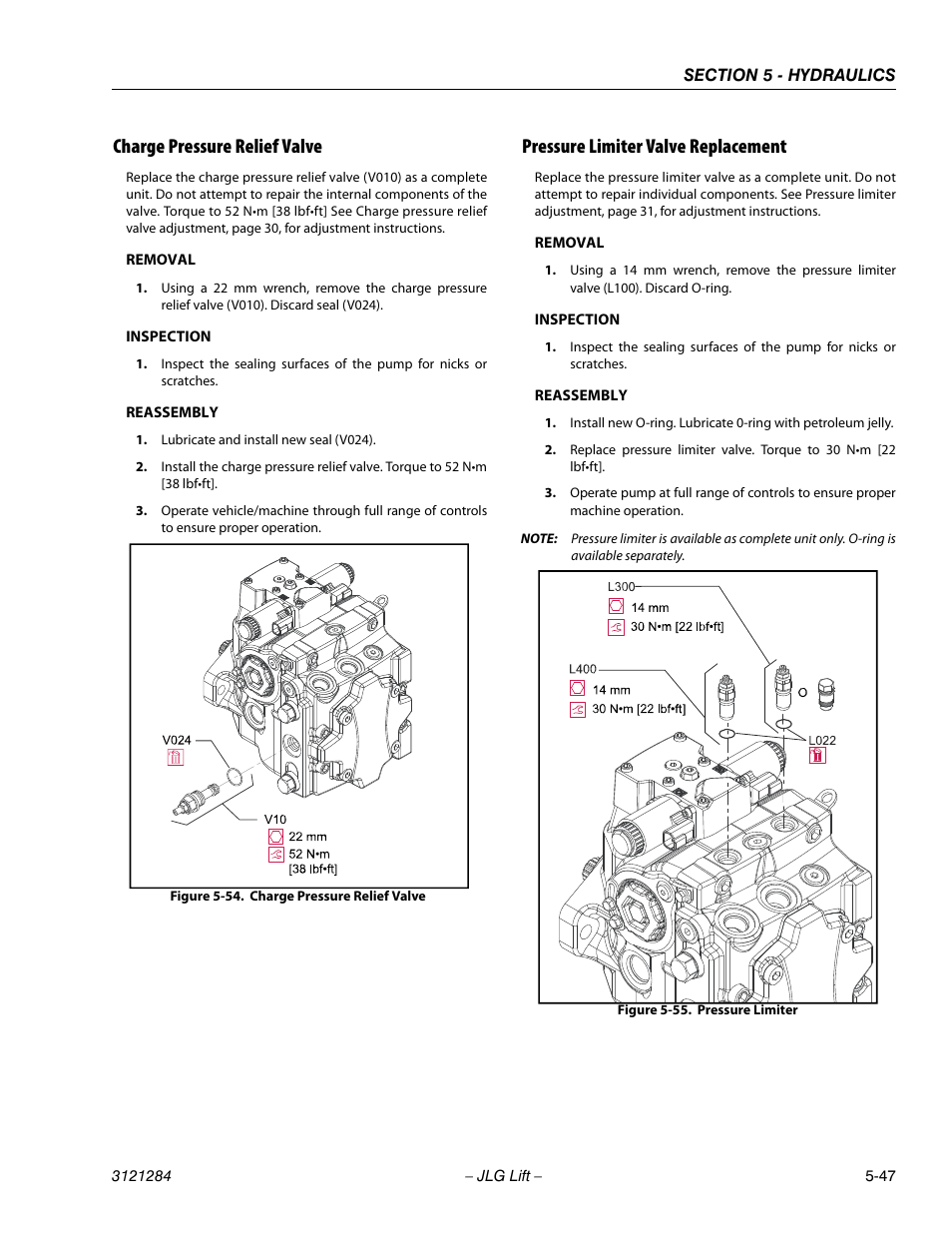 Charge pressure relief valve, Pressure limiter valve replacement, Charge pressure relief valve -47 | Pressure limiter -47 | JLG 18RS Service Manual User Manual | Page 137 / 230