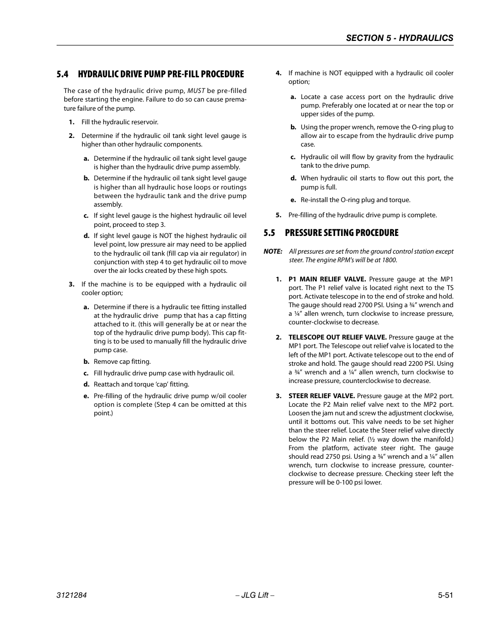 4 hydraulic drive pump pre-fill procedure, 5 pressure setting procedure, Hydraulic drive pump pre-fill procedure -51 | Pressure setting procedure -51 | JLG 18RS Service Manual User Manual | Page 141 / 230