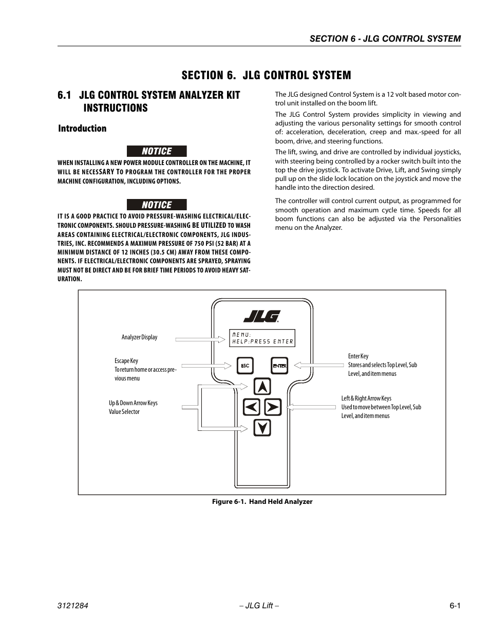 Section 6. jlg control system, 1 jlg control system analyzer kit instructions, Introduction | Section 6 - jlg control system, Jlg control system analyzer kit instructions -1, Introduction -1, Hand held analyzer -1 | JLG 18RS Service Manual User Manual | Page 143 / 230