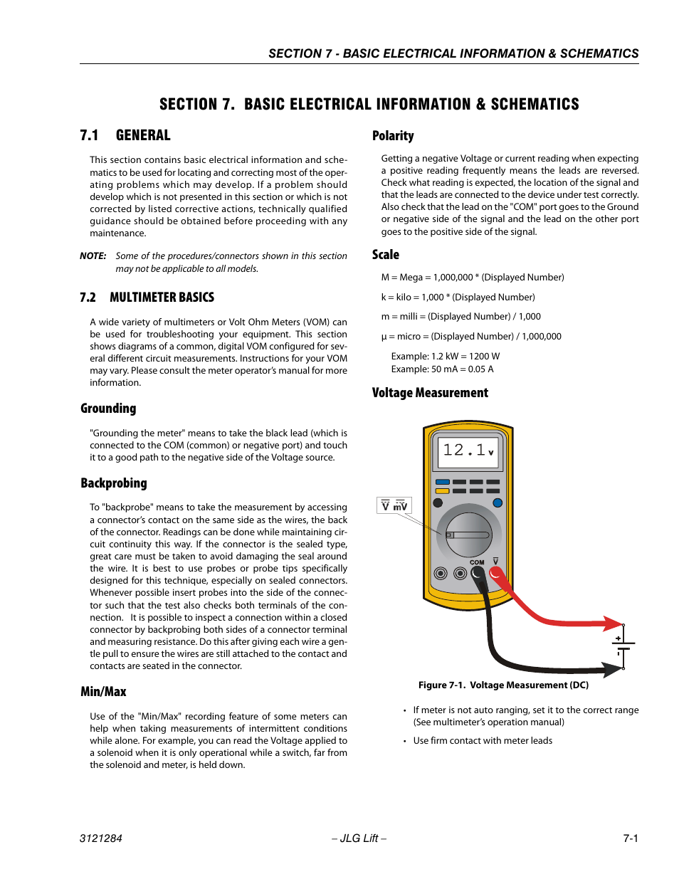 1 general, 2 multimeter basics, Grounding | Backprobing, Min/max, Polarity, Scale, Voltage measurement, General -1, Multimeter basics -1 | JLG 18RS Service Manual User Manual | Page 201 / 230