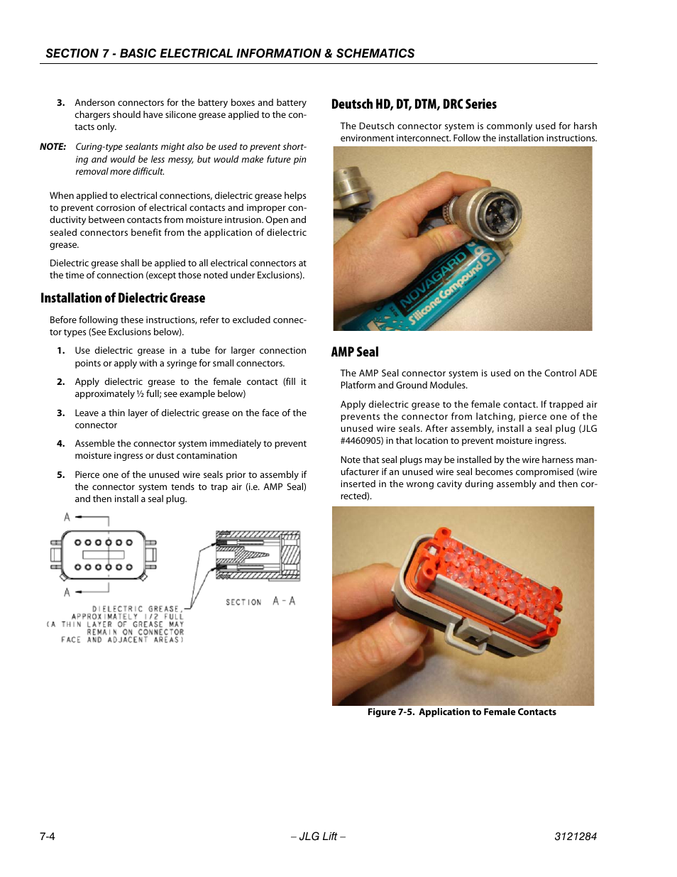Installation of dielectric grease, Deutsch hd, dt, dtm, drc series, Amp seal | Application to female contacts -4 | JLG 18RS Service Manual User Manual | Page 204 / 230
