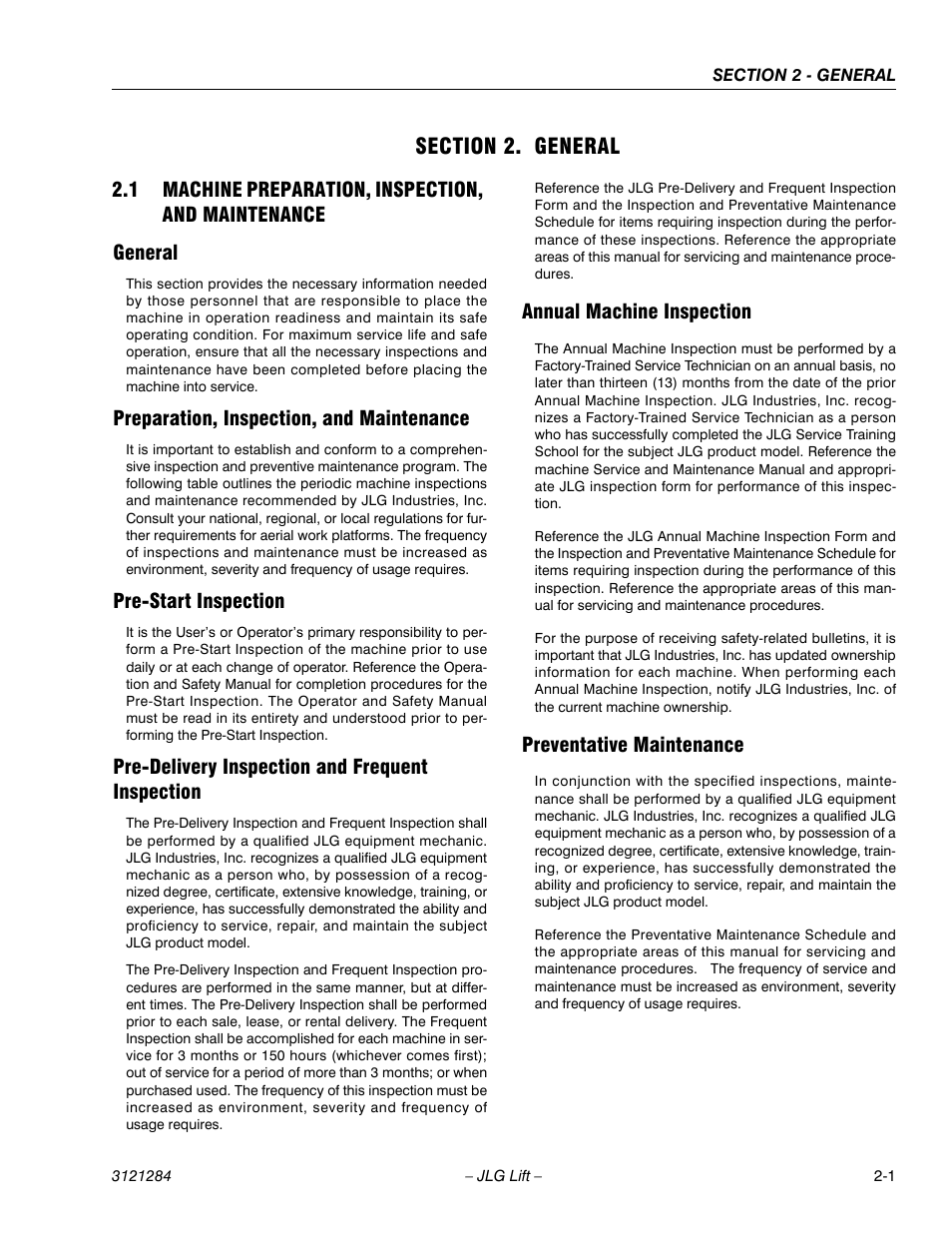 Section 2. general, 1 machine preparation, inspection, and maintenance, General | Preparation, inspection, and maintenance, Pre-start inspection, Pre-delivery inspection and frequent inspection, Annual machine inspection, Preventative maintenance, Section 2 - general | JLG 18RS Service Manual User Manual | Page 29 / 230