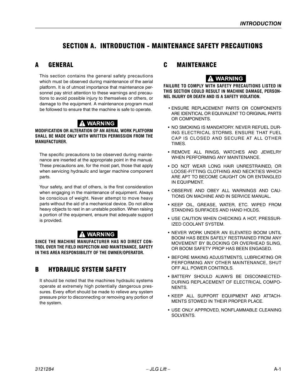A general, B hydraulic system safety, C maintenance | Ageneral, Bhydraulic system safety, Cmaintenance | JLG 18RS Service Manual User Manual | Page 3 / 230