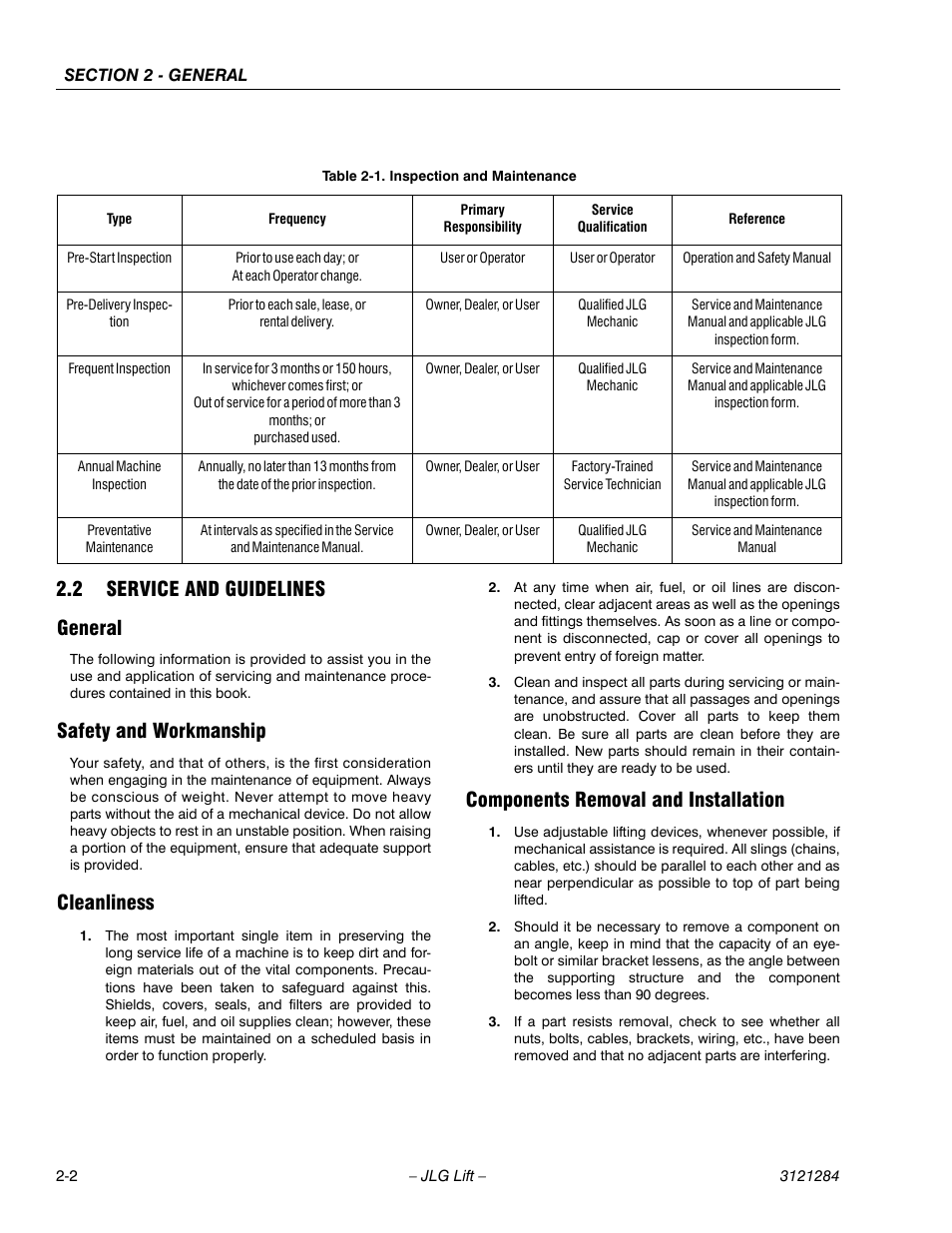 2 service and guidelines, General, Safety and workmanship | Cleanliness, Components removal and installation, Service and guidelines -2, Inspection and maintenance -2, 2 service and guidelines general | JLG 18RS Service Manual User Manual | Page 30 / 230