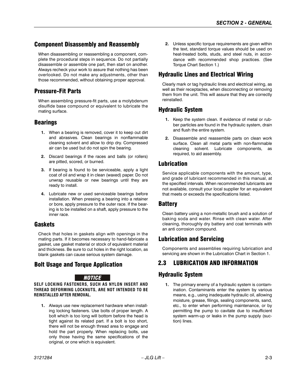 Component disassembly and reassembly, Pressure-fit parts, Bearings | Gaskets, Bolt usage and torque application, Hydraulic lines and electrical wiring, Hydraulic system, Lubrication, Battery, Lubrication and servicing | JLG 18RS Service Manual User Manual | Page 31 / 230