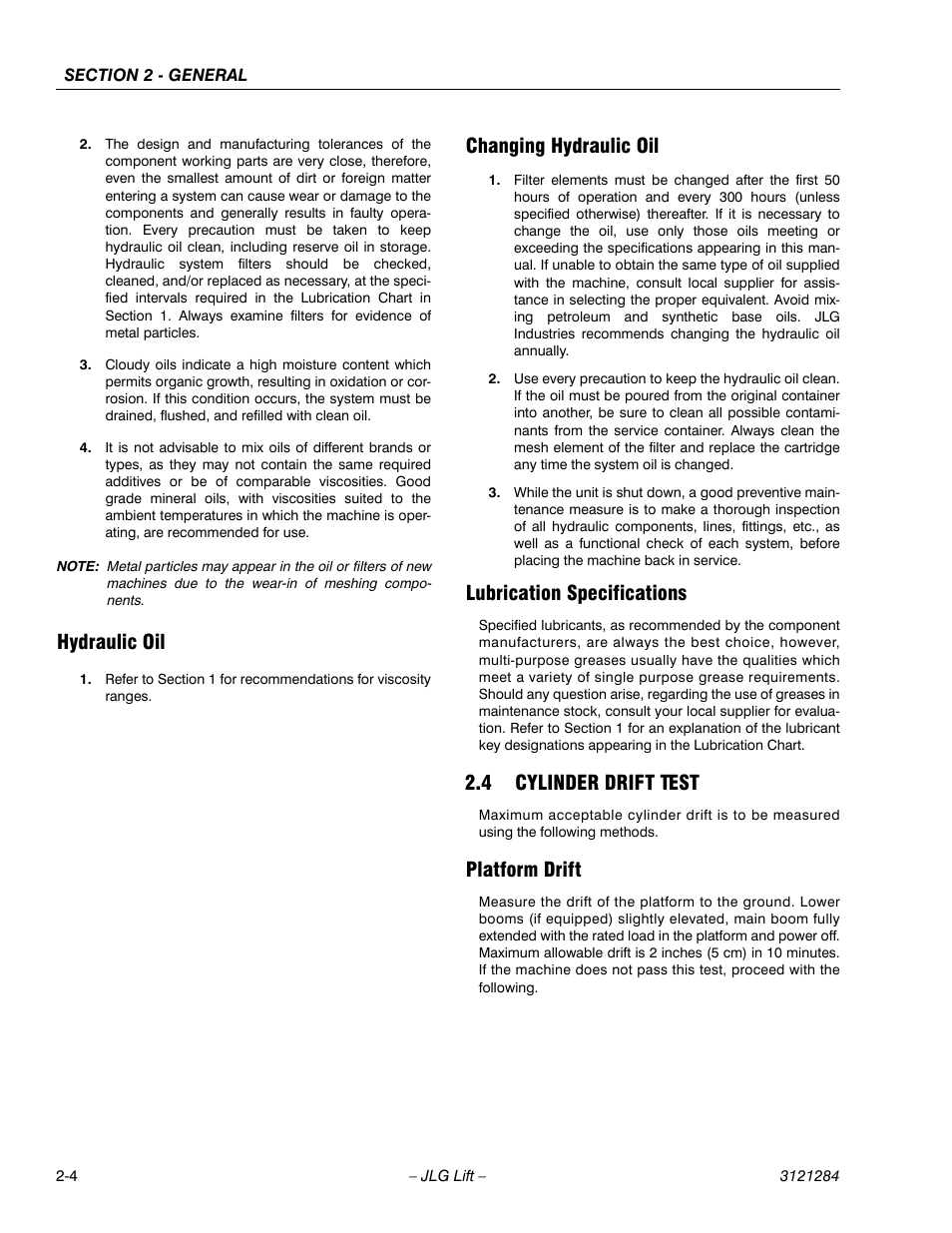 Hydraulic oil, Changing hydraulic oil, Lubrication specifications | 4 cylinder drift test, Platform drift, Cylinder drift test -4, Platform drift -4 | JLG 18RS Service Manual User Manual | Page 32 / 230
