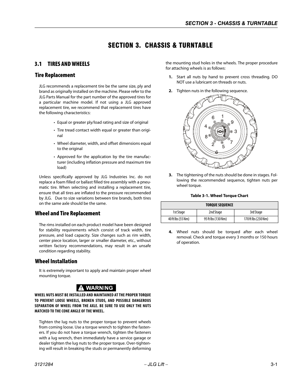 Section 3. chassis & turntable, 1 tires and wheels, Tire replacement | Wheel and tire replacement, Wheel installation, Section 3 - chassis & turntable, Tires and wheels -1, Wheel torque chart -1, 1 tires and wheels tire replacement | JLG 18RS Service Manual User Manual | Page 39 / 230