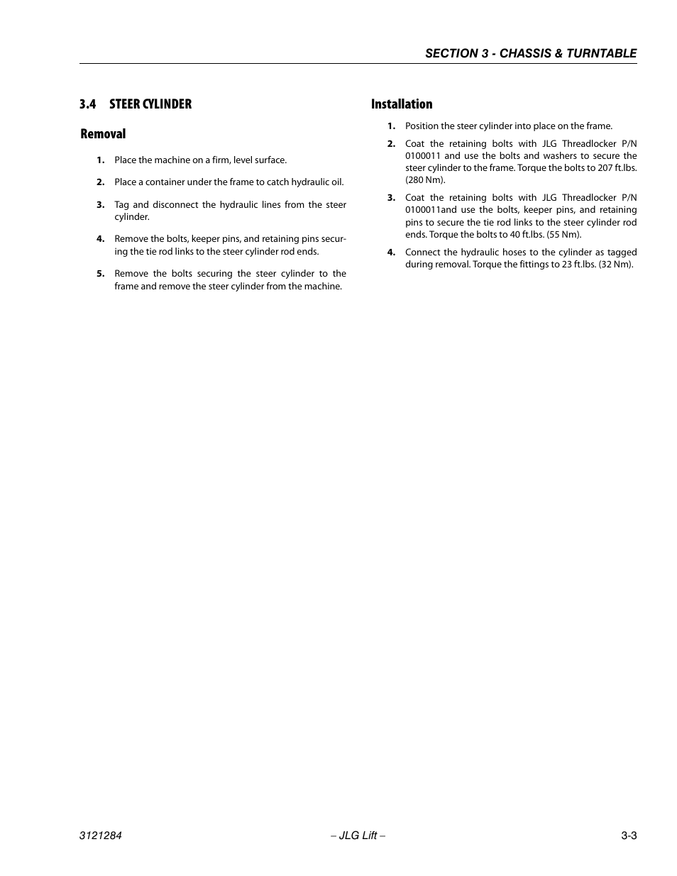 4 steer cylinder, Removal, Installation | Steer cylinder -3, Removal -3 installation -3, 4 steer cylinder removal | JLG 18RS Service Manual User Manual | Page 41 / 230