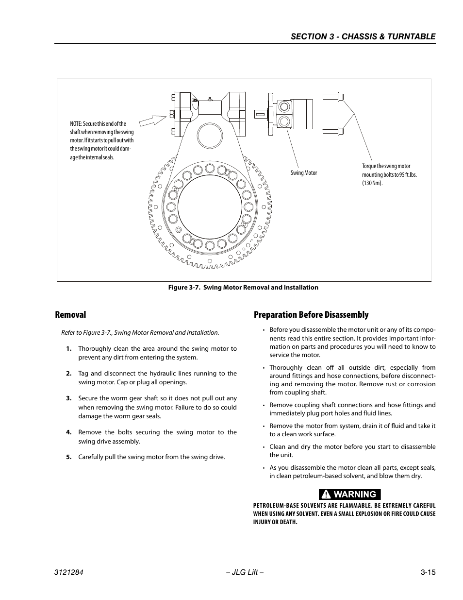 Removal, Preparation before disassembly, Removal -15 preparation before disassembly -15 | Swing motor removal and installation -15 | JLG 18RS Service Manual User Manual | Page 53 / 230