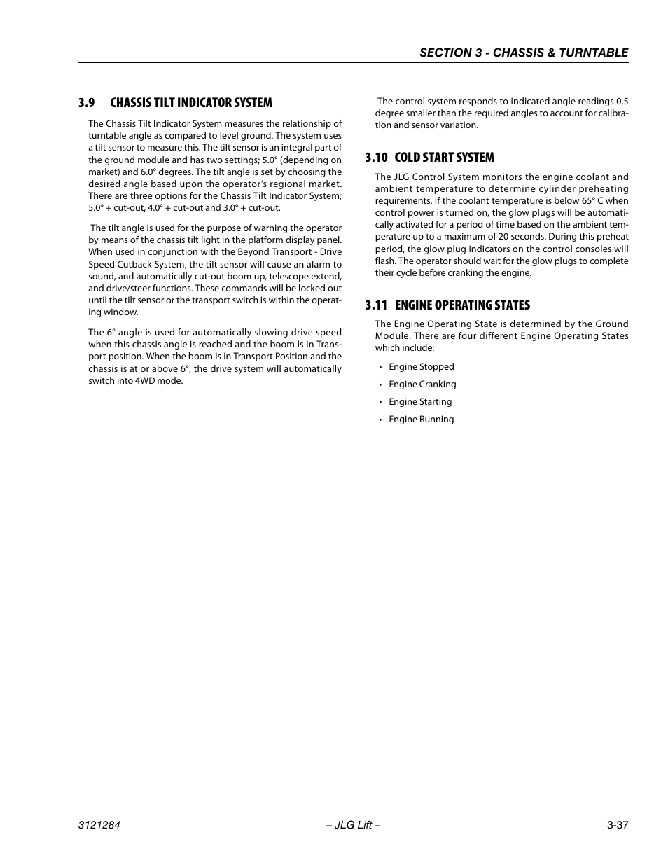 9 chassis tilt indicator system, 10 cold start system, 11 engine operating states | Chassis tilt indicator system -37, Cold start system -37, Engine operating states -37 | JLG 18RS Service Manual User Manual | Page 75 / 230
