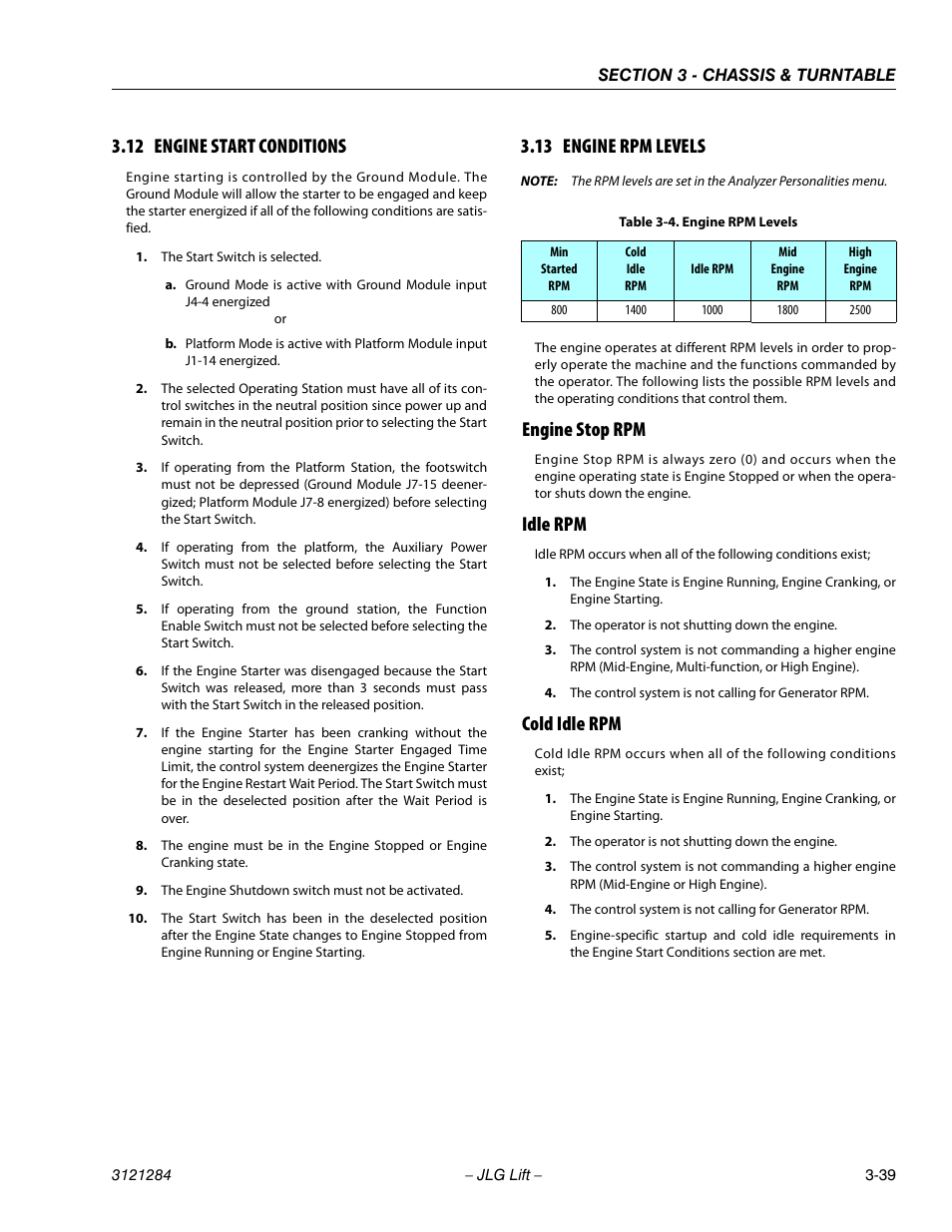 12 engine start conditions, 13 engine rpm levels, Engine stop rpm | Idle rpm, Cold idle rpm, Engine start conditions -39, Engine rpm levels -39, Engine stop rpm -39 idle rpm -39 cold idle rpm -39 | JLG 18RS Service Manual User Manual | Page 77 / 230