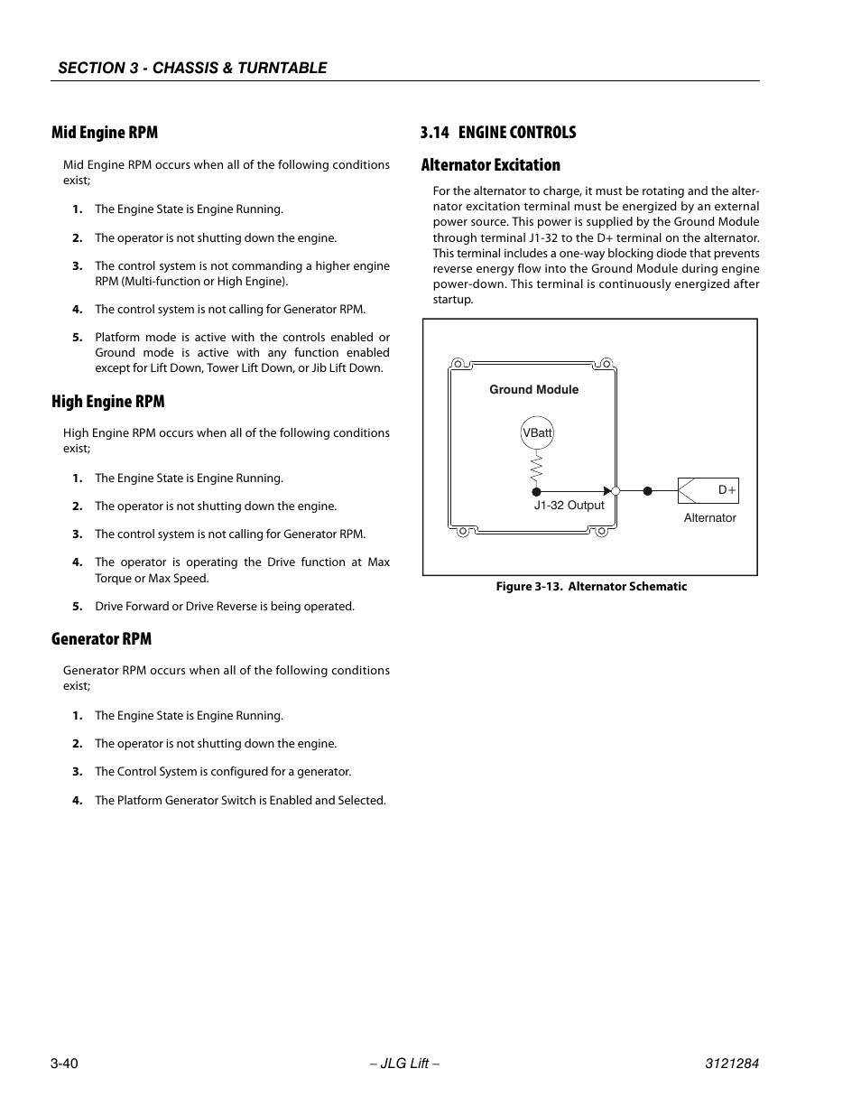 Mid engine rpm, High engine rpm, Generator rpm | 14 engine controls, Alternator excitation, Engine controls -40, Alternator excitation -40, Alternator schematic -40, 14 engine controls alternator excitation | JLG 18RS Service Manual User Manual | Page 78 / 230