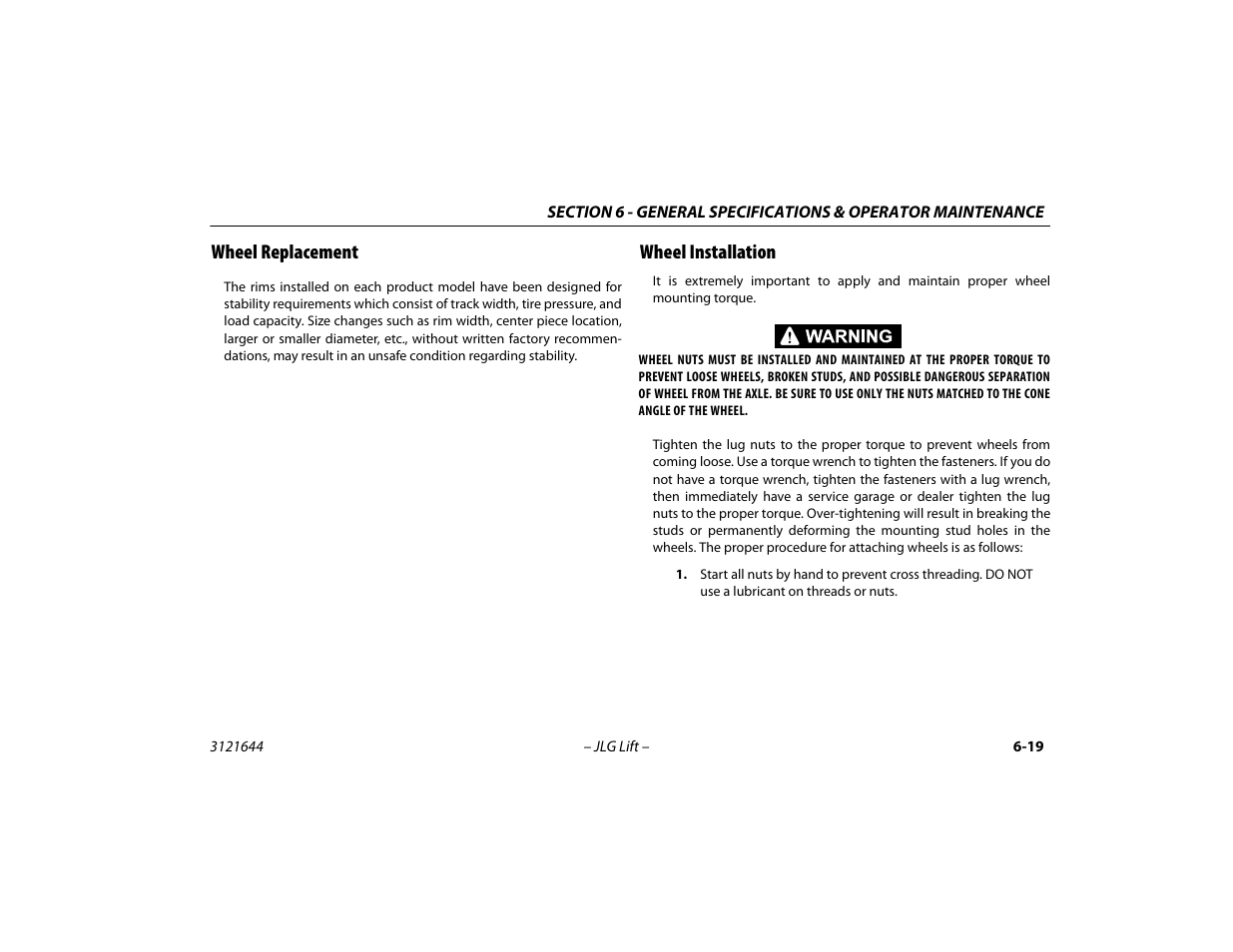 Wheel replacement, Wheel installation, Wheel replacement -19 | Wheel installation -19 | JLG M400 Operator Manual User Manual | Page 101 / 108