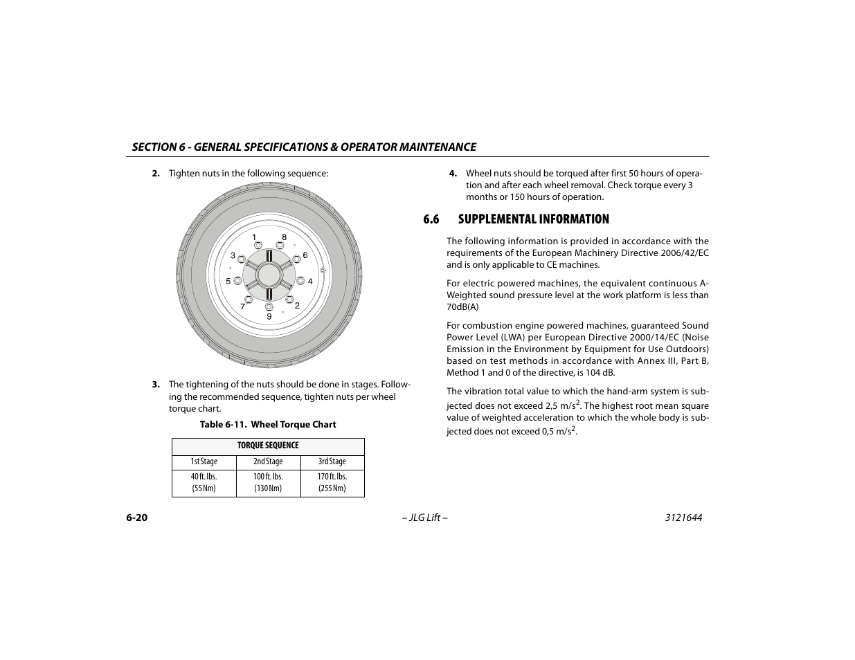 6 supplemental information, Supplemental information -20, Wheel torque chart -20 | JLG M400 Operator Manual User Manual | Page 102 / 108