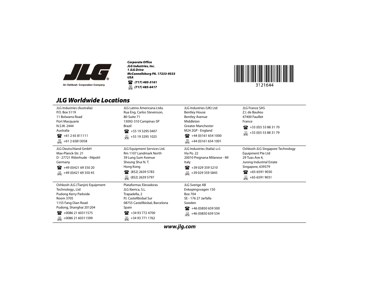 Jlg worldwide locations | JLG M400 Operator Manual User Manual | Page 108 / 108