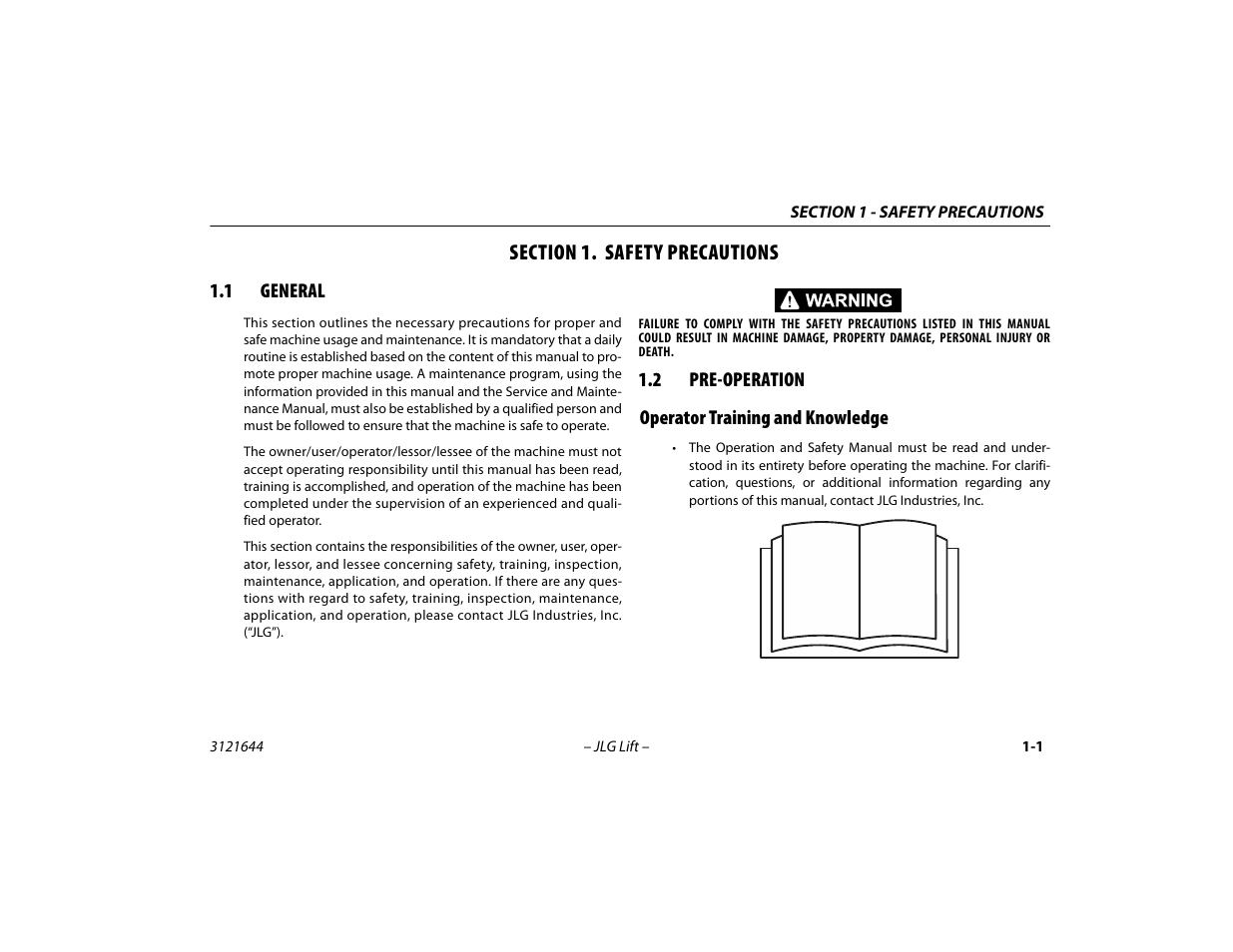 Section 1. safety precautions, 1 general, 2 pre-operation | Operator training and knowledge, Section - 1 - safety precautions, General -1, Pre-operation -1, Operator training and knowledge -1 | JLG M400 Operator Manual User Manual | Page 11 / 108