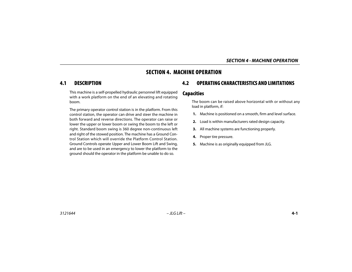 Section 4. machine operation, 1 description, 2 operating characteristics and limitations | Capacities, Section - 4 - machine operation, Description -1, Operating characteristics and limitations -1, Capacities -1 | JLG M400 Operator Manual User Manual | Page 51 / 108