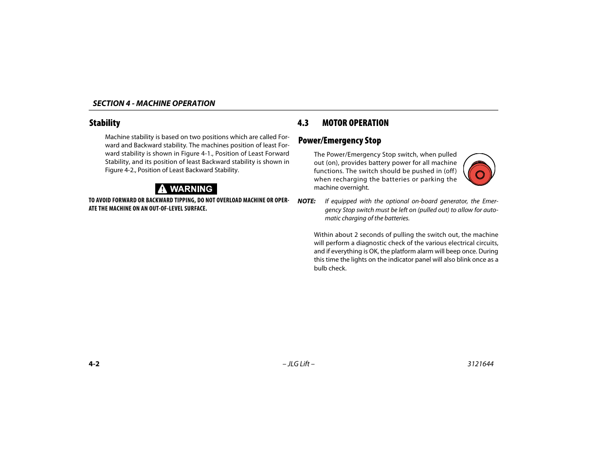Stability, 3 motor operation, Power/emergency stop | Stability -2, Motor operation -2, Power/emergency stop -2 | JLG M400 Operator Manual User Manual | Page 52 / 108