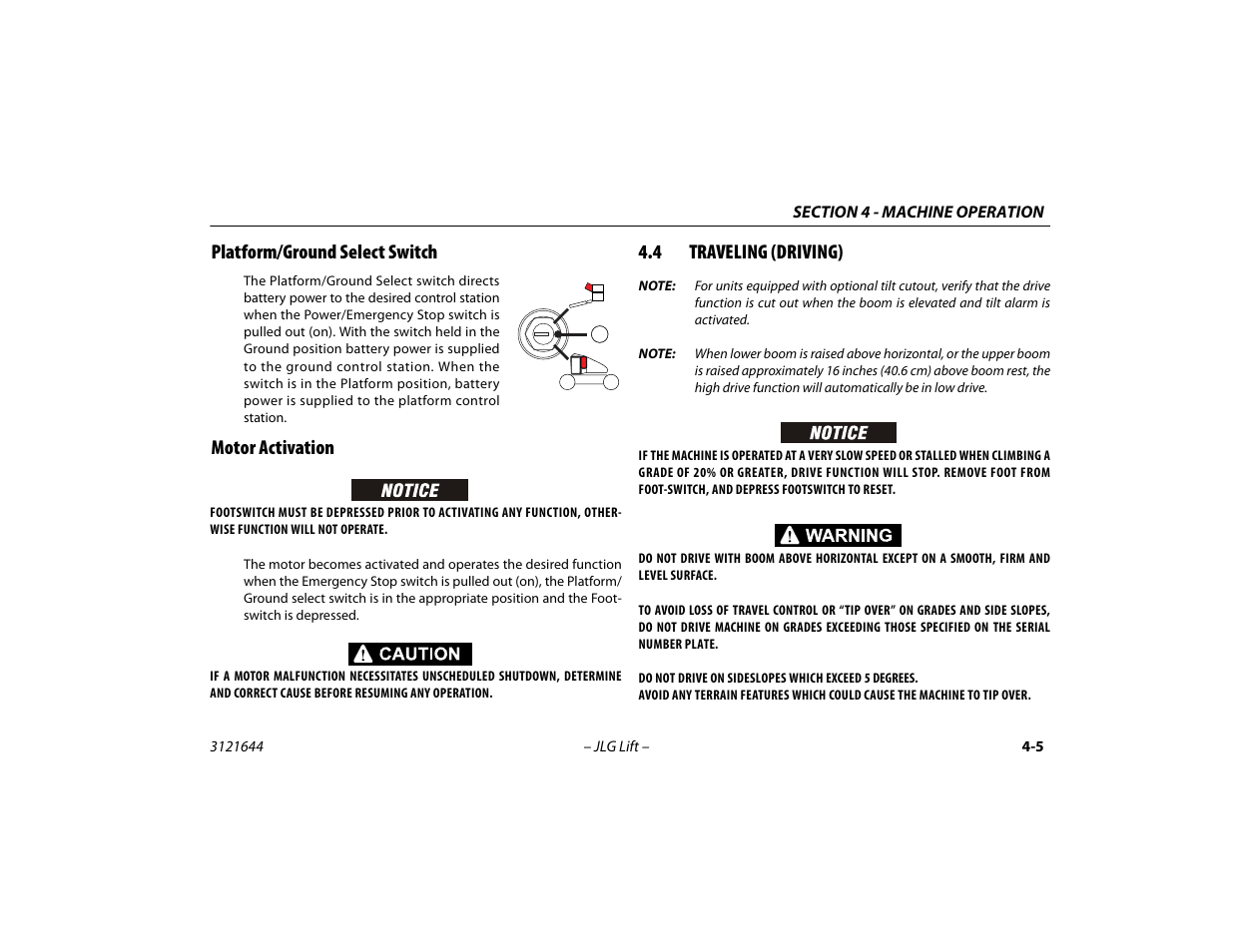 Platform/ground select switch, Motor activation, 4 traveling (driving) | Traveling (driving) -5 | JLG M400 Operator Manual User Manual | Page 55 / 108