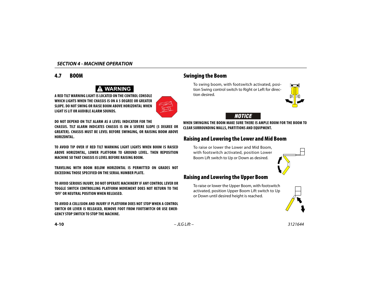 7 boom, Swinging the boom, Raising and lowering the lower and mid boom | Raising and lowering the upper boom, Boom -10 | JLG M400 Operator Manual User Manual | Page 60 / 108