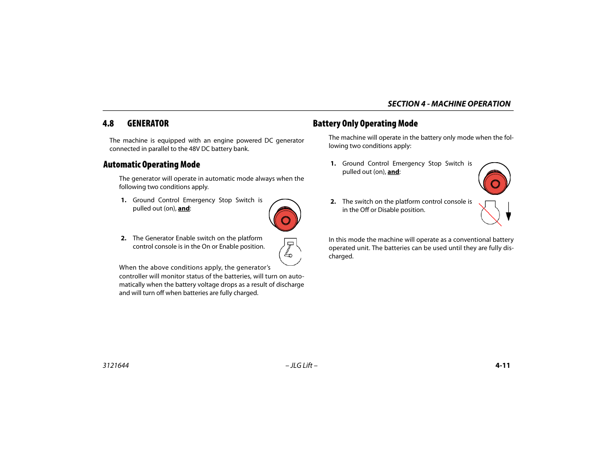 8 generator, Automatic operating mode, Battery only operating mode | Generator -11 | JLG M400 Operator Manual User Manual | Page 61 / 108