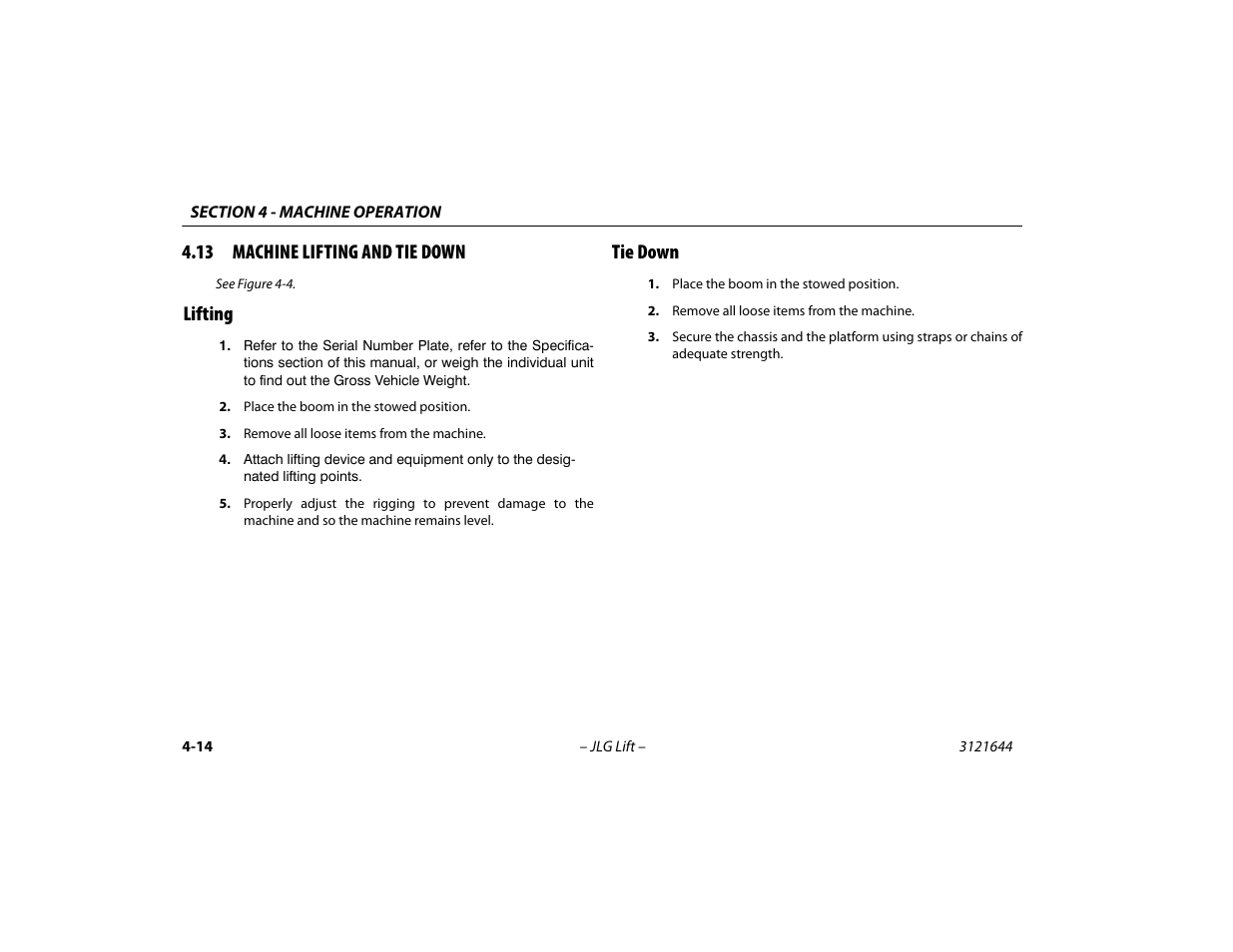 13 machine lifting and tie down, Lifting, Tie down | 13 machine lifting and tie down -14, Lifting -14 tie down -14 | JLG M400 Operator Manual User Manual | Page 64 / 108