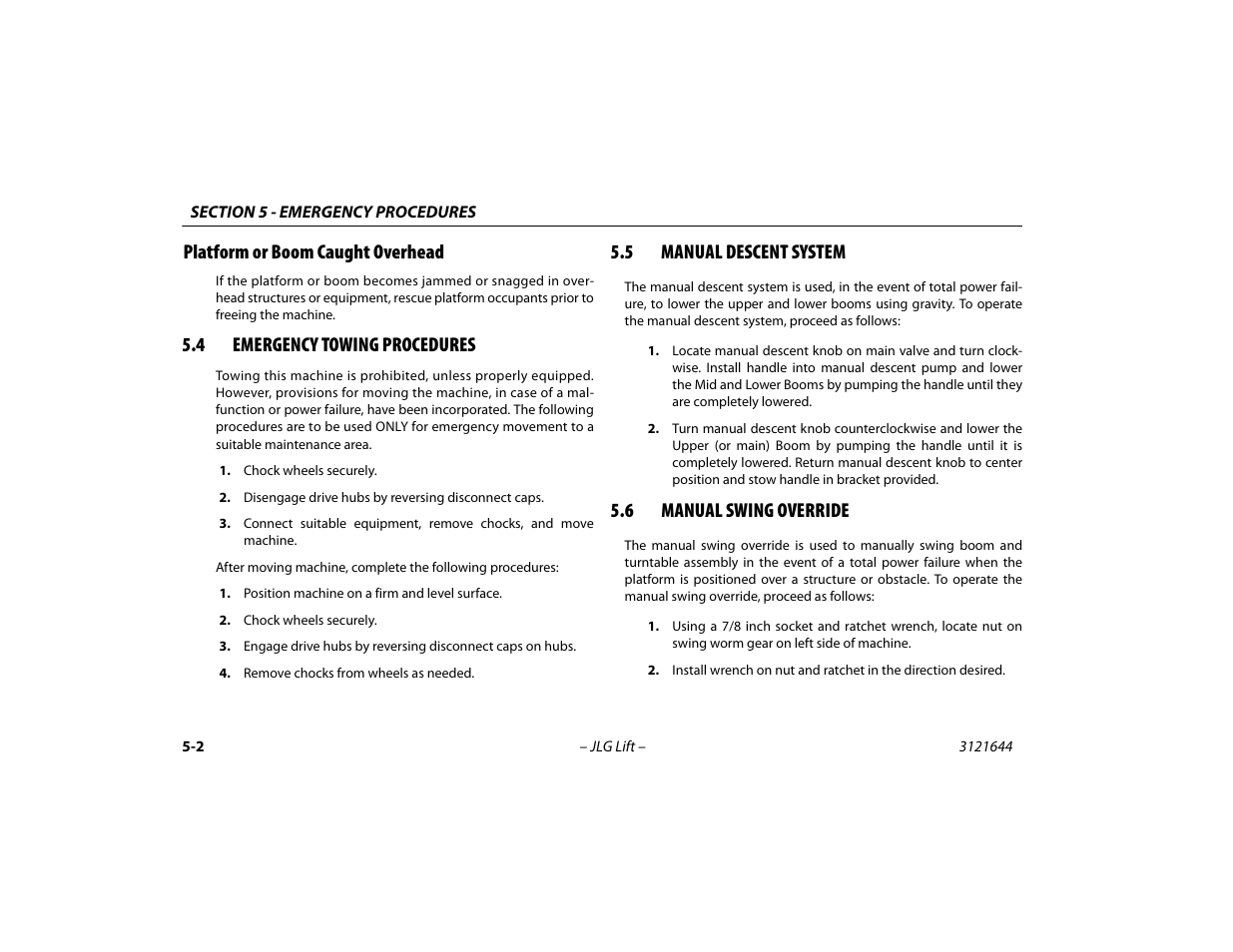 Platform or boom caught overhead, 4 emergency towing procedures, 5 manual descent system | 6 manual swing override, Platform or boom caught overhead -2, Emergency towing procedures -2, Manual descent system -2, Manual swing override -2 | JLG M400 Operator Manual User Manual | Page 82 / 108