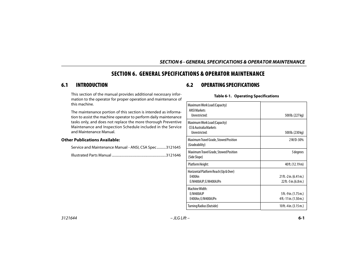 1 introduction, 2 operating specifications, Introduction -1 | Operating specifications -1 | JLG M400 Operator Manual User Manual | Page 83 / 108