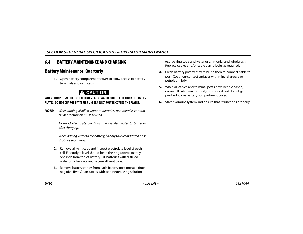 4 battery maintenance and charging, Battery maintenance, quarterly, Battery maintenance and charging -16 | Battery maintenance, quarterly -16 | JLG M400 Operator Manual User Manual | Page 98 / 108