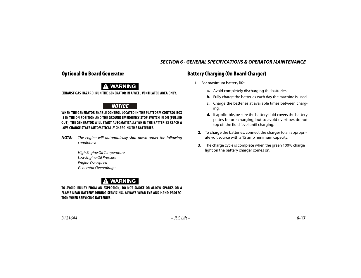 Optional on board generator, Battery charging (on board charger) | JLG M400 Operator Manual User Manual | Page 99 / 108