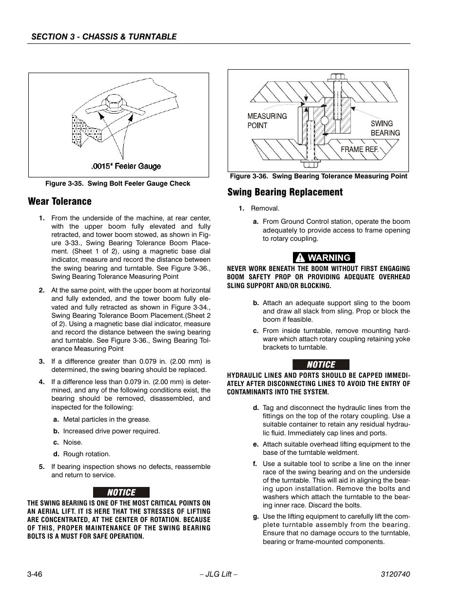 Wear tolerance, Swing bearing replacement, Wear tolerance -46 swing bearing replacement -46 | Swing bolt feeler gauge check -46, Swing bearing tolerance measuring point -46, Dicated on figure 3-35. try to, Dicated on figure 3-35., try and | JLG 800A_AJ ANSI Service Manual User Manual | Page 102 / 464