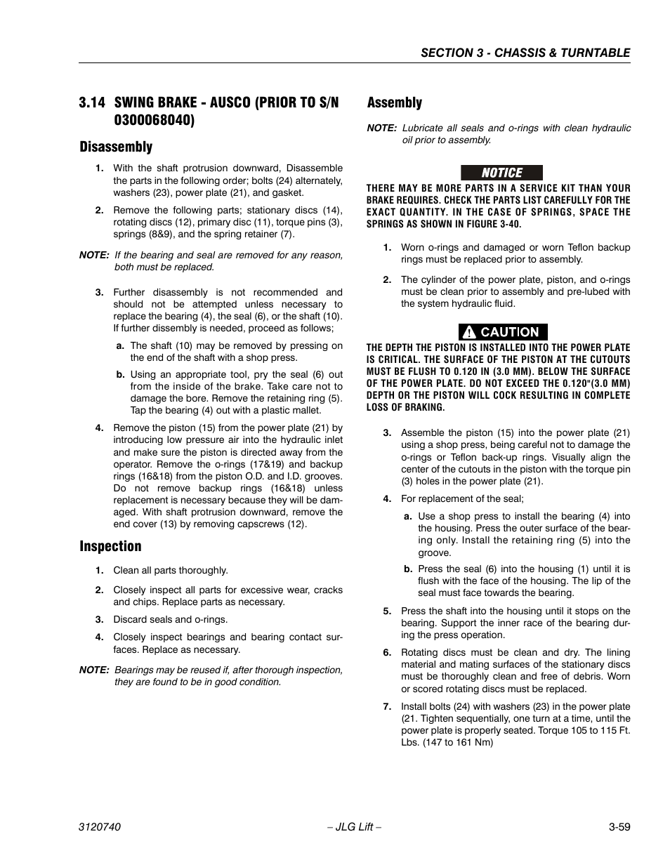 14 swing brake - ausco (prior to s/n 0300068040), Disassembly, Inspection | Assembly, Swing brake - ausco (prior to s/n 0300068040) -59, Disassembly -59 inspection -59 assembly -59 | JLG 800A_AJ ANSI Service Manual User Manual | Page 115 / 464