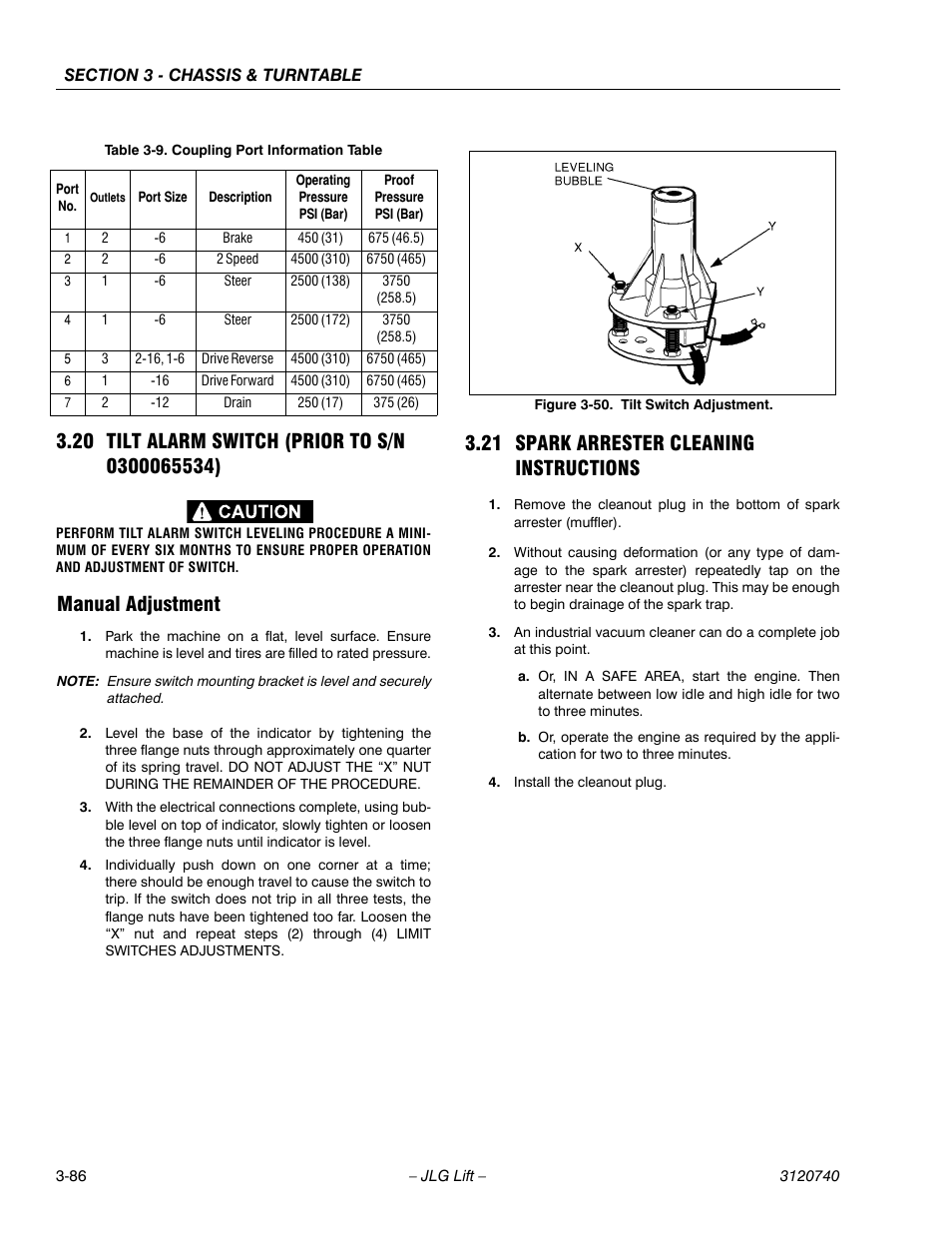 20 tilt alarm switch (prior to s/n 0300065534), Manual adjustment, 21 spark arrester cleaning instructions | Tilt alarm switch (prior to s/n 0300065534) -86, Manual adjustment -86, Spark arrester cleaning instructions -86, Tilt switch adjustment -86, Coupling port information table -86 | JLG 800A_AJ ANSI Service Manual User Manual | Page 142 / 464