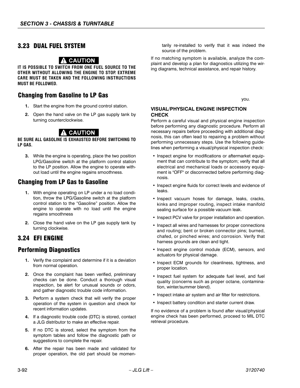 23 dual fuel system, Changing from gasoline to lp gas, Changing from lp gas to gasoline | 24 efi engine, Performing diagnostics, Dual fuel system -92, Efi engine -92, Performing diagnostics -92, 24 efi engine performing diagnostics | JLG 800A_AJ ANSI Service Manual User Manual | Page 148 / 464