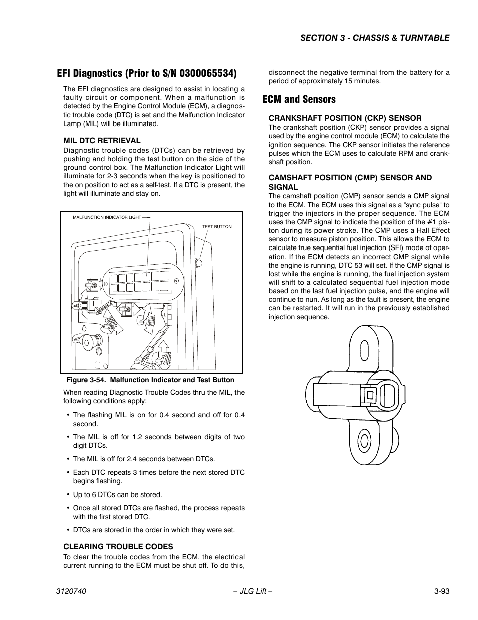 Efi diagnostics (prior to s/n 0300065534), Ecm and sensors, Malfunction indicator and test button -93 | JLG 800A_AJ ANSI Service Manual User Manual | Page 149 / 464