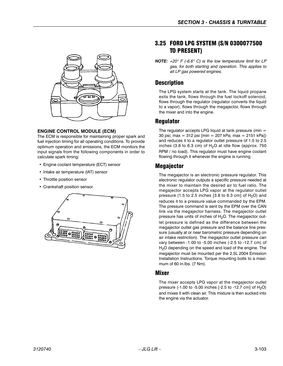 25 ford lpg system (s/n 0300077500 to present), Description, Regulator | Megajector, Mixer, Ford lpg system (s/n 0300077500 to present) -103 | JLG 800A_AJ ANSI Service Manual User Manual | Page 159 / 464