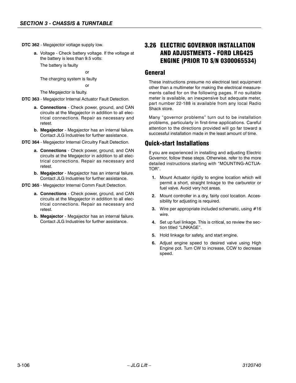 General, Quick-start installations, Prior to s/n 0300065534) -106 | General -106 quick-start installations -106 | JLG 800A_AJ ANSI Service Manual User Manual | Page 162 / 464