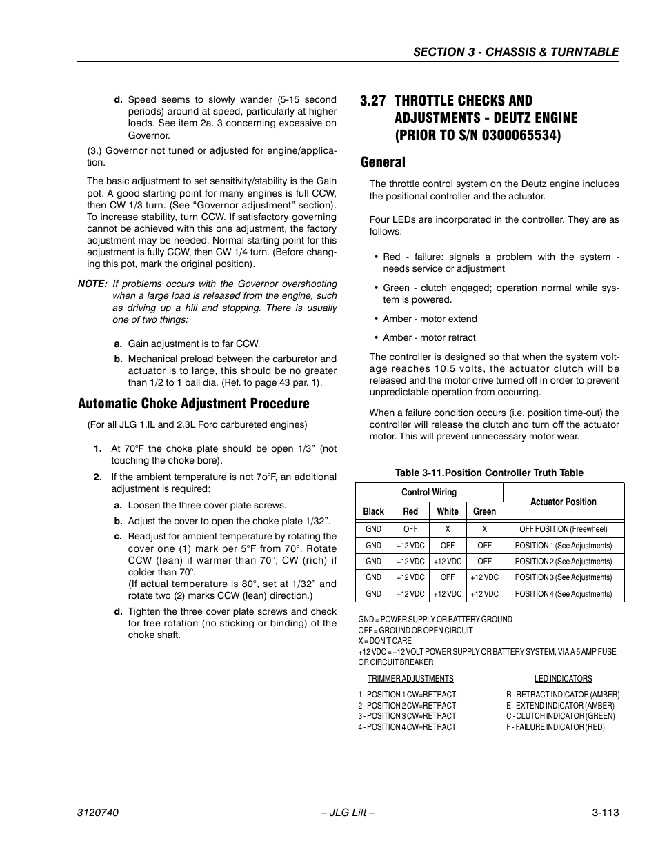 Automatic choke adjustment procedure, General, Automatic choke adjustment procedure -113 | General -113, Position controller truth table -113 | JLG 800A_AJ ANSI Service Manual User Manual | Page 169 / 464