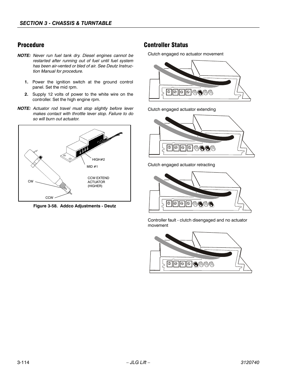 Procedure, Controller status, Procedure -114 controller status -114 | Addco adjustments - deutz -114 | JLG 800A_AJ ANSI Service Manual User Manual | Page 170 / 464