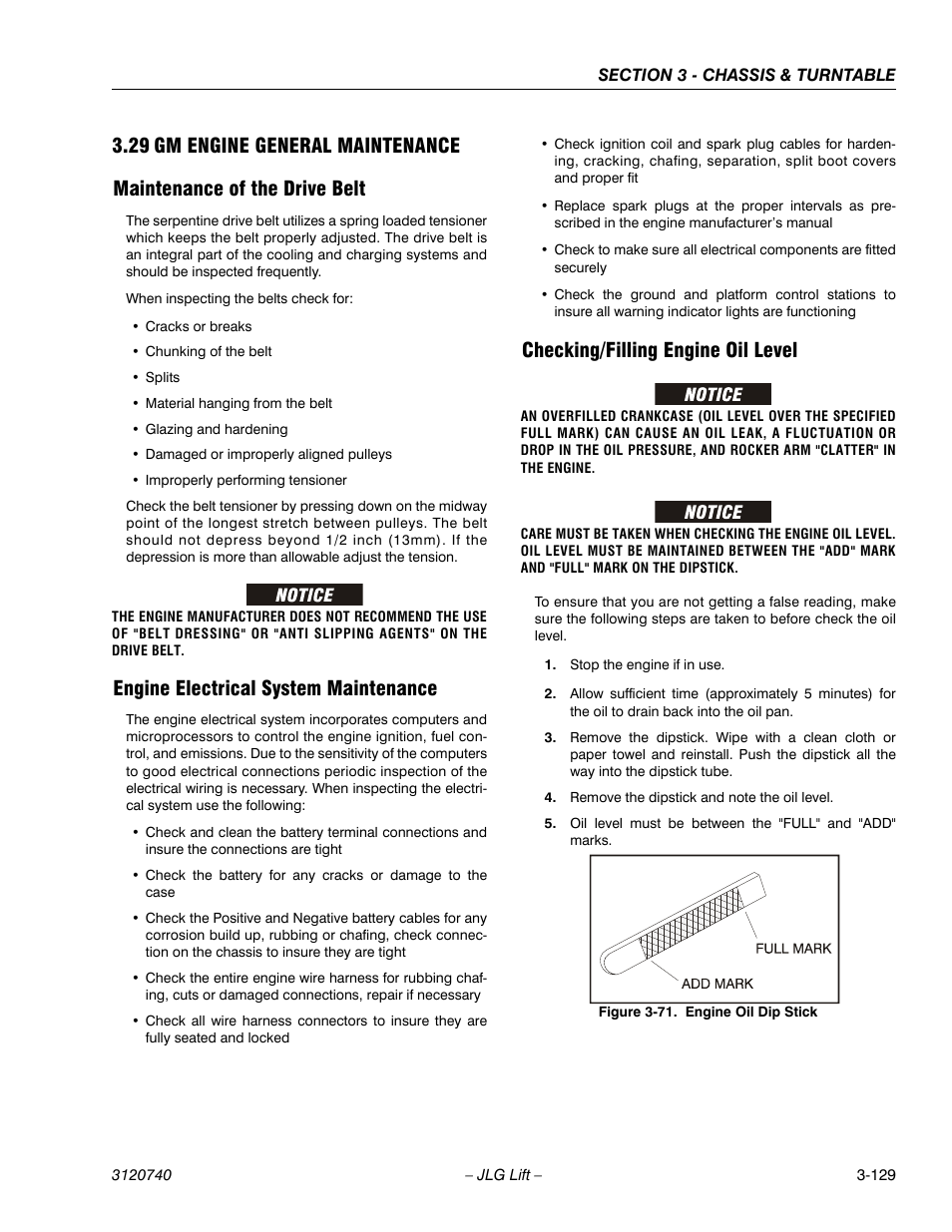 29 gm engine general maintenance, Maintenance of the drive belt, Engine electrical system maintenance | Checking/filling engine oil level, Gm engine general maintenance -129, Engine oil dip stick -129 | JLG 800A_AJ ANSI Service Manual User Manual | Page 185 / 464