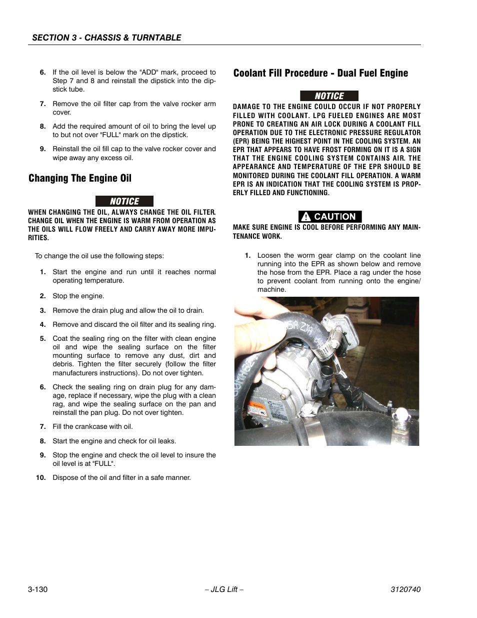 Changing the engine oil, Coolant fill procedure - dual fuel engine | JLG 800A_AJ ANSI Service Manual User Manual | Page 186 / 464