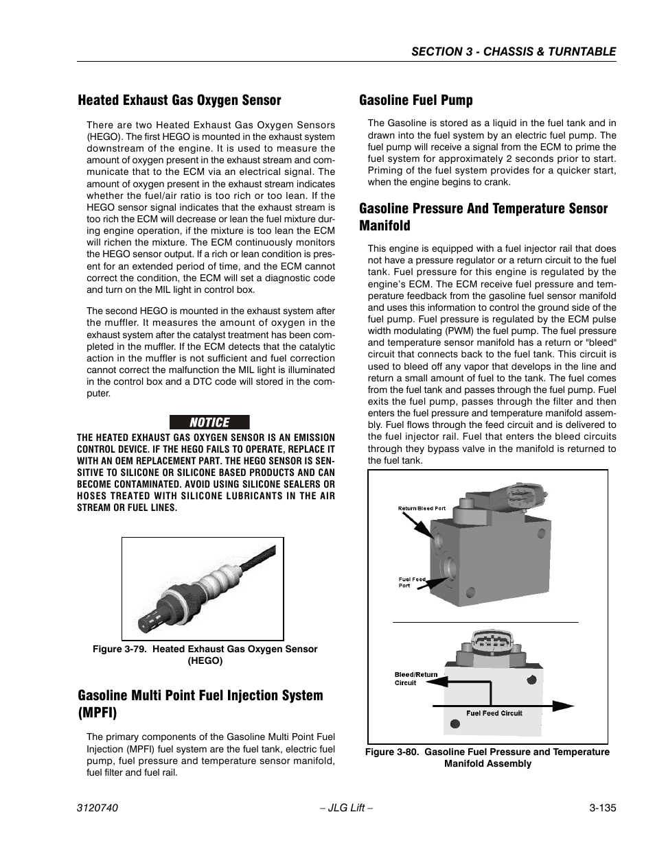 Heated exhaust gas oxygen sensor, Gasoline multi point fuel injection system (mpfi), Gasoline fuel pump | Gasoline pressure and temperature sensor manifold, Heated exhaust gas oxygen sensor (hego) -135 | JLG 800A_AJ ANSI Service Manual User Manual | Page 191 / 464