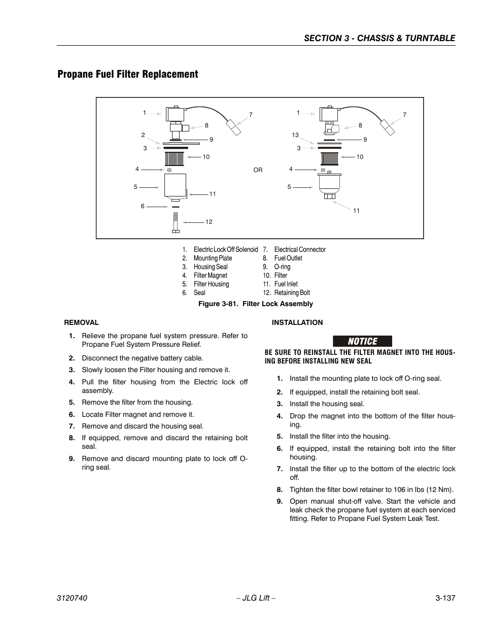 Propane fuel filter replacement, Propane fuel filter replacement -137, Filter lock assembly -137 | JLG 800A_AJ ANSI Service Manual User Manual | Page 193 / 464