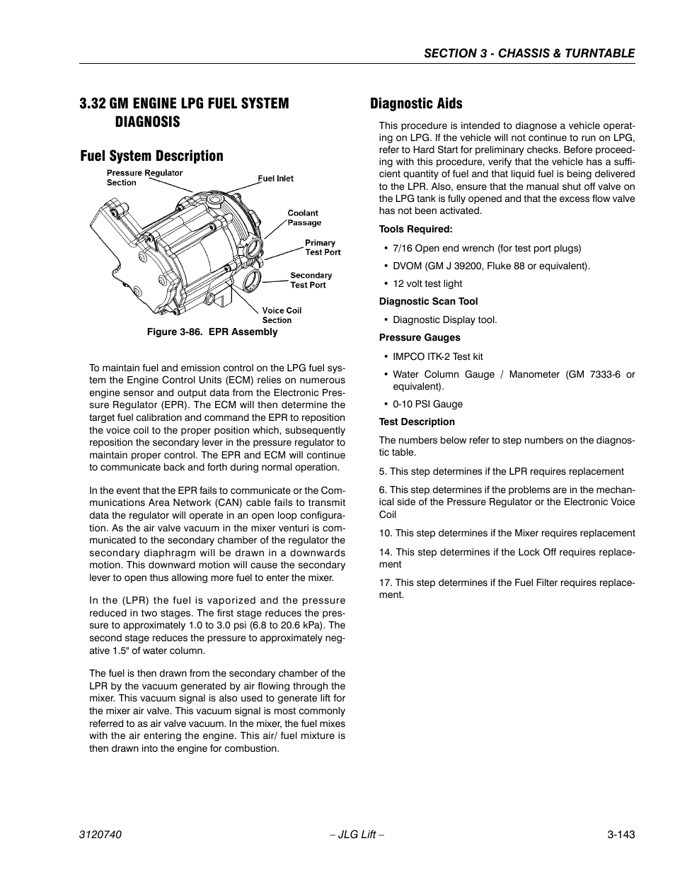 32 gm engine lpg fuel system diagnosis, Fuel system description, Diagnostic aids | Gm engine lpg fuel system diagnosis -143, Fuel system description -143 diagnostic aids -143, Epr assembly -143 | JLG 800A_AJ ANSI Service Manual User Manual | Page 199 / 464