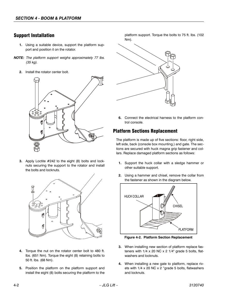 Support installation, Platform sections replacement, Platform section replacement -2 | JLG 800A_AJ ANSI Service Manual User Manual | Page 216 / 464