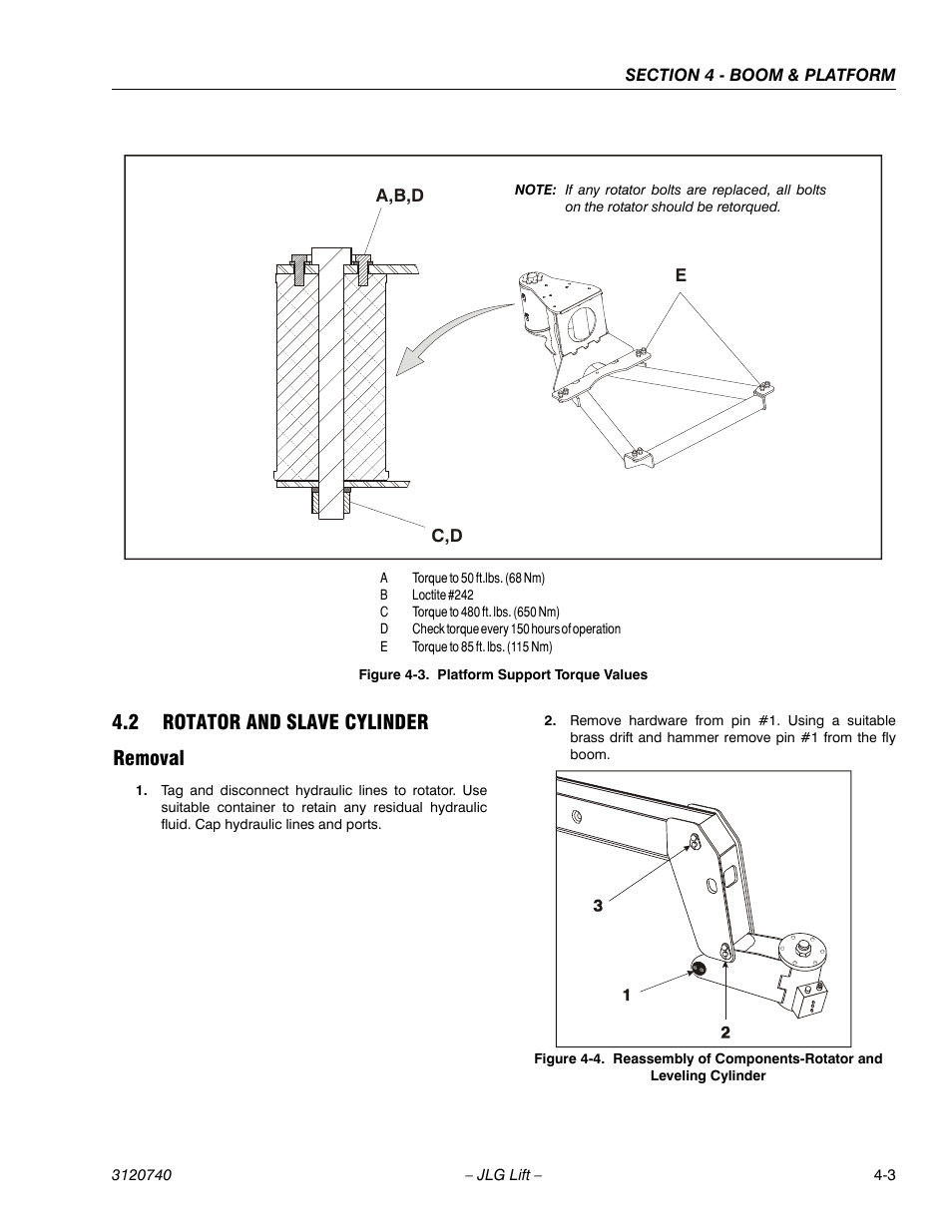 2 rotator and slave cylinder, Removal, Rotator and slave cylinder -3 | Removal -3, Platform support torque values -3, 2 rotator and slave cylinder removal | JLG 800A_AJ ANSI Service Manual User Manual | Page 217 / 464