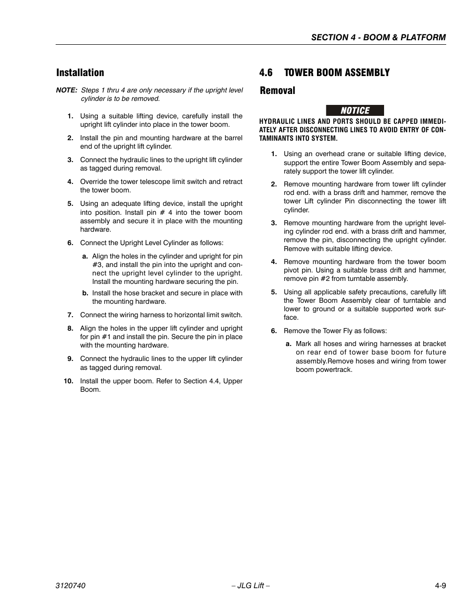 Installation, 6 tower boom assembly, Removal | Installation -9, Tower boom assembly -9, Removal -9, 6 tower boom assembly removal | JLG 800A_AJ ANSI Service Manual User Manual | Page 223 / 464