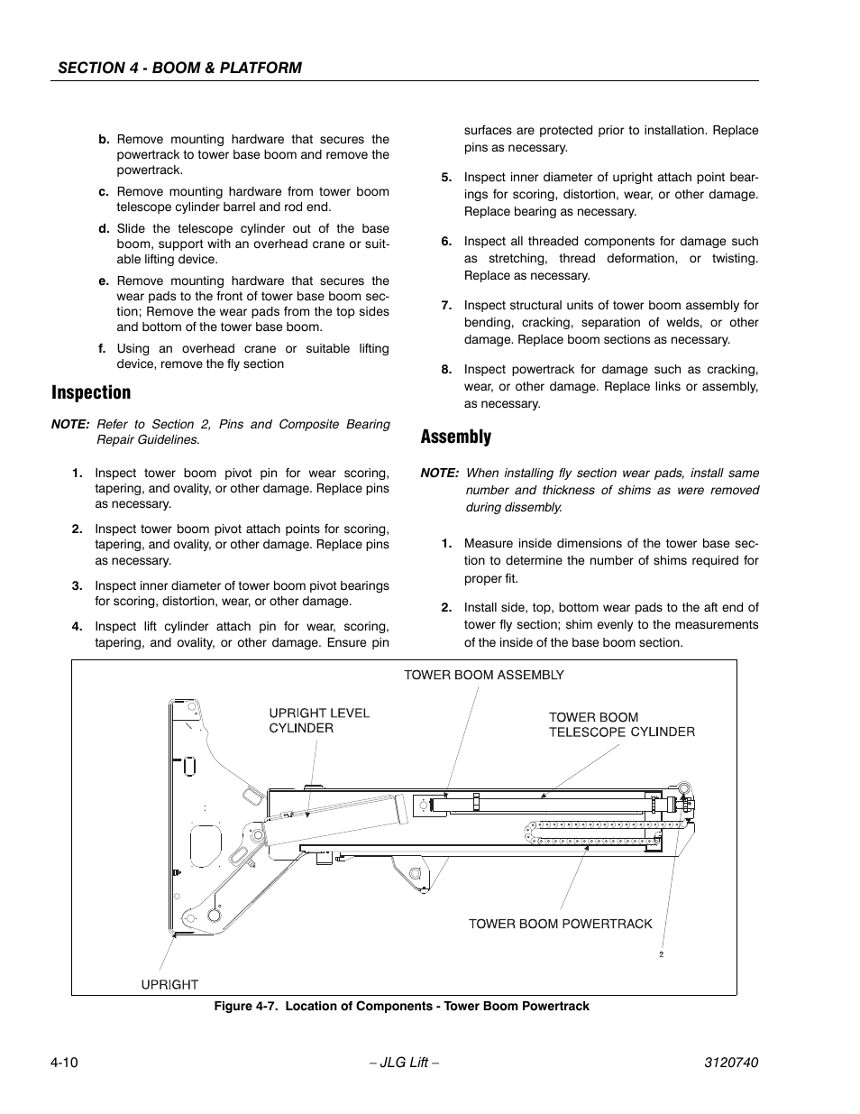 Inspection, Assembly, Inspection -10 assembly -10 | Location of components - tower boom powertrack -10 | JLG 800A_AJ ANSI Service Manual User Manual | Page 224 / 464