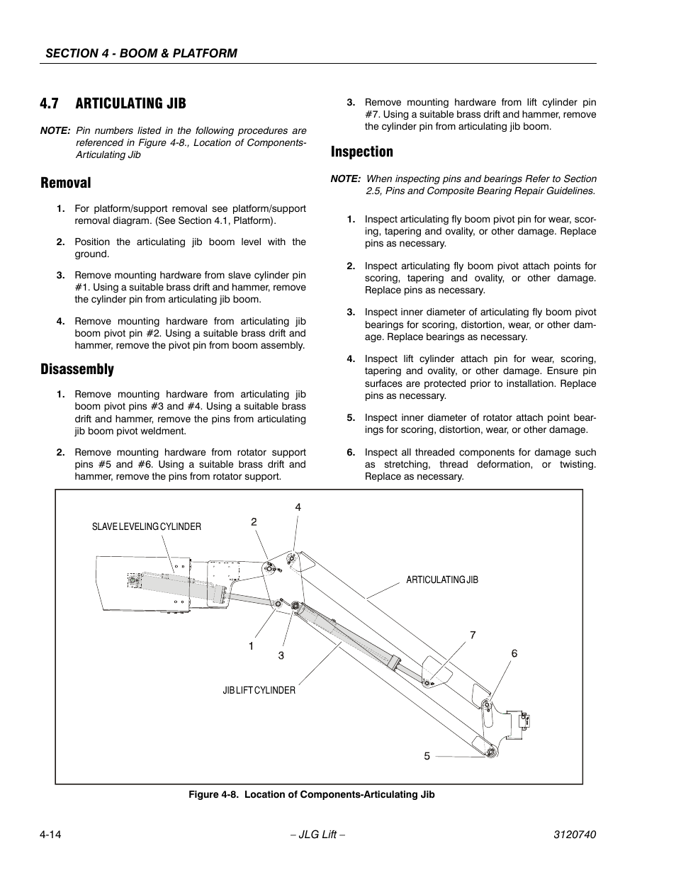7 articulating jib, Removal, Disassembly | Inspection, Articulating jib -14, Removal -14 disassembly -14, Inspection -14, Location of components-articulating jib -14 | JLG 800A_AJ ANSI Service Manual User Manual | Page 228 / 464